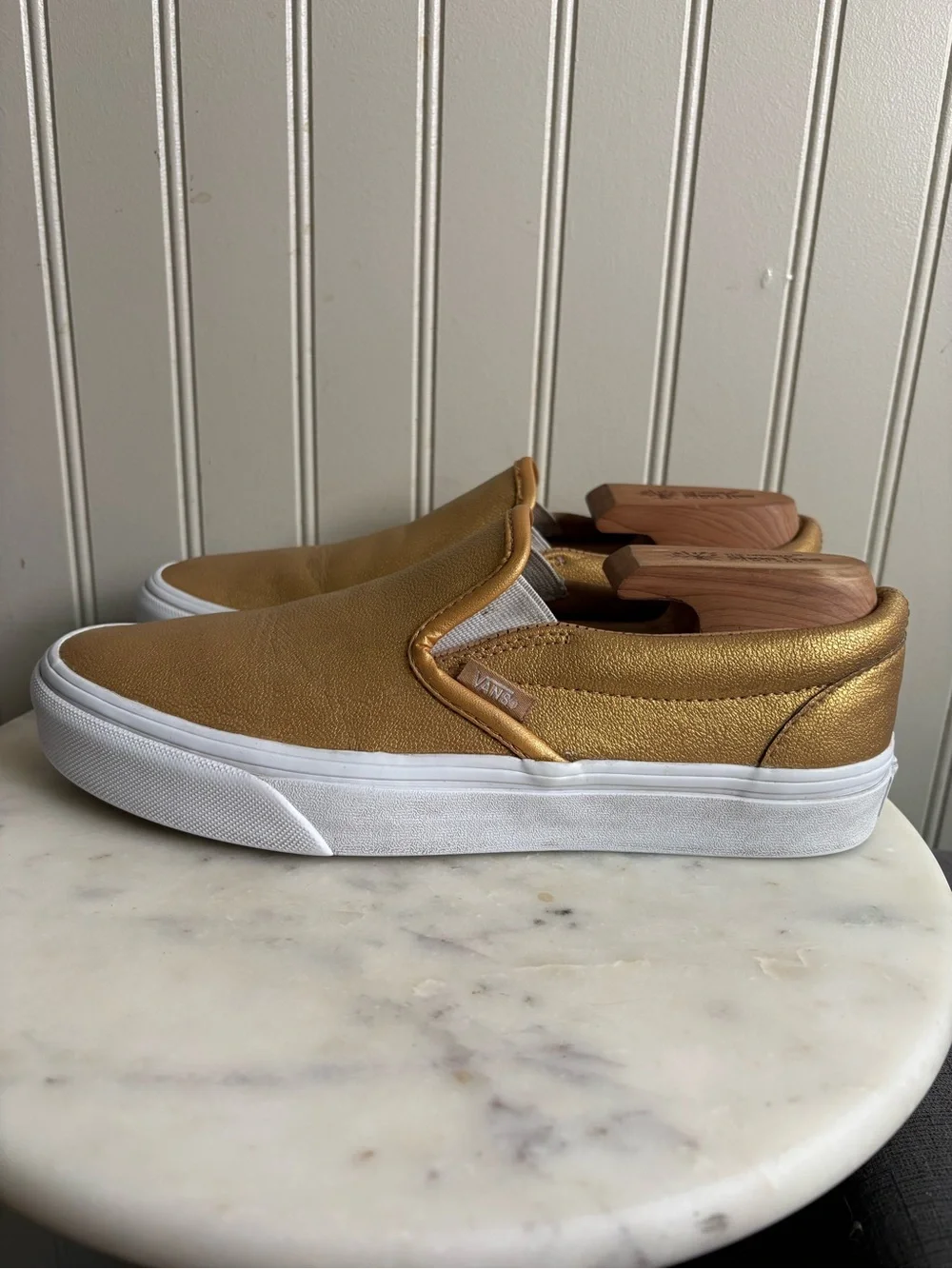 Vans Leather Slip Ons Sneakers Women 8.5 Gold Casual Classic Streetwear Metallic - Picture 3 of 8